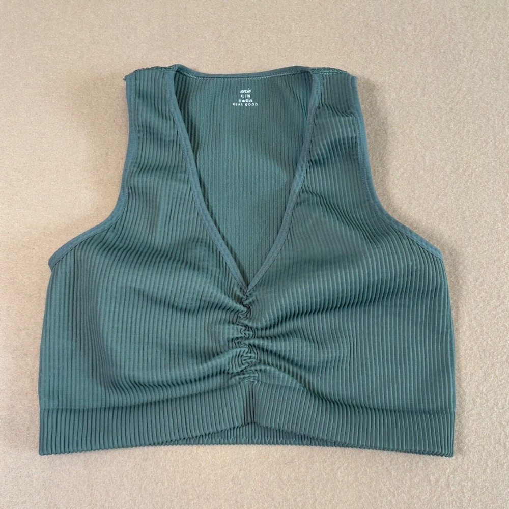 Aerie Real Good Ribbed Seamless V-Neck Ruched Bralette Teal Green XL